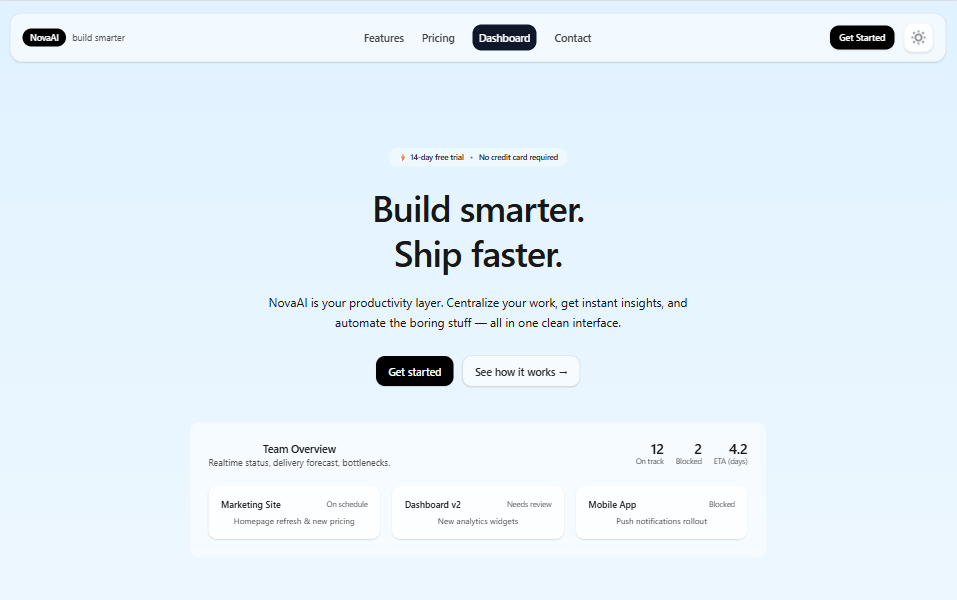 NovaAI – Modern SaaS Landing Page & Dashboard (Next.js + Tailwind)